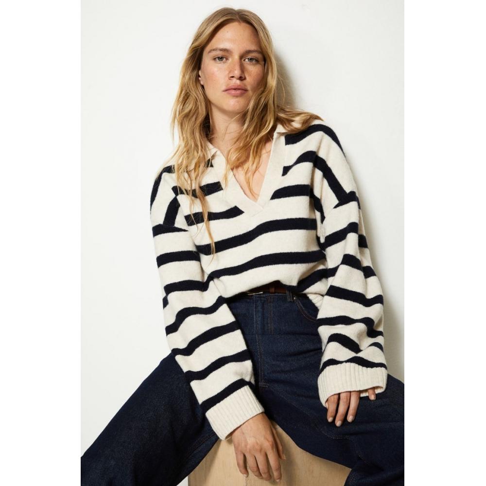 

H M Fine knit collar sweater light beige stripe