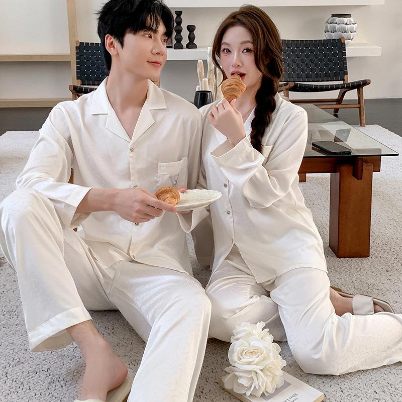 Pyjama-Set aus Eisseide: Luxuriöse Damen- und Herren-Langarm- und Hosen mit Jacquard-Design für Frühling und Herbst