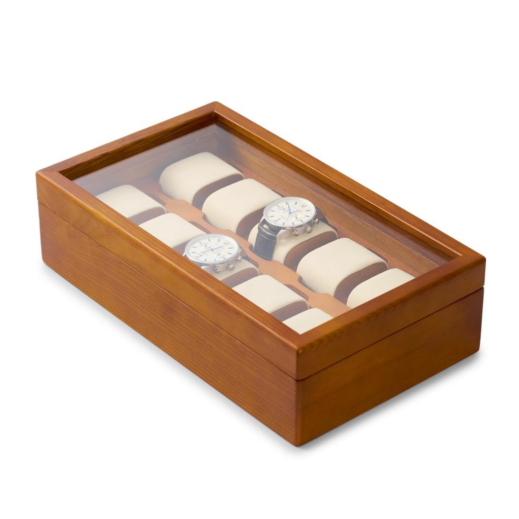 Woodten Massivholz-Uhrenbox mit Glas Premium-Uhren-Display-Organizer mit herausnehmbarem Kissen für Herren 10-Schlitz-Deckel, (Cremeweiß)