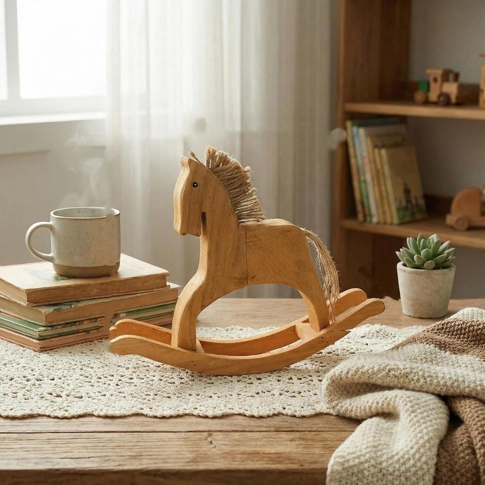 Handmade Rocking Horse Ornaments Retro Style Lifelike Wood Carving Horse Hand Carved Decorative Wooden Horse Figurine Office