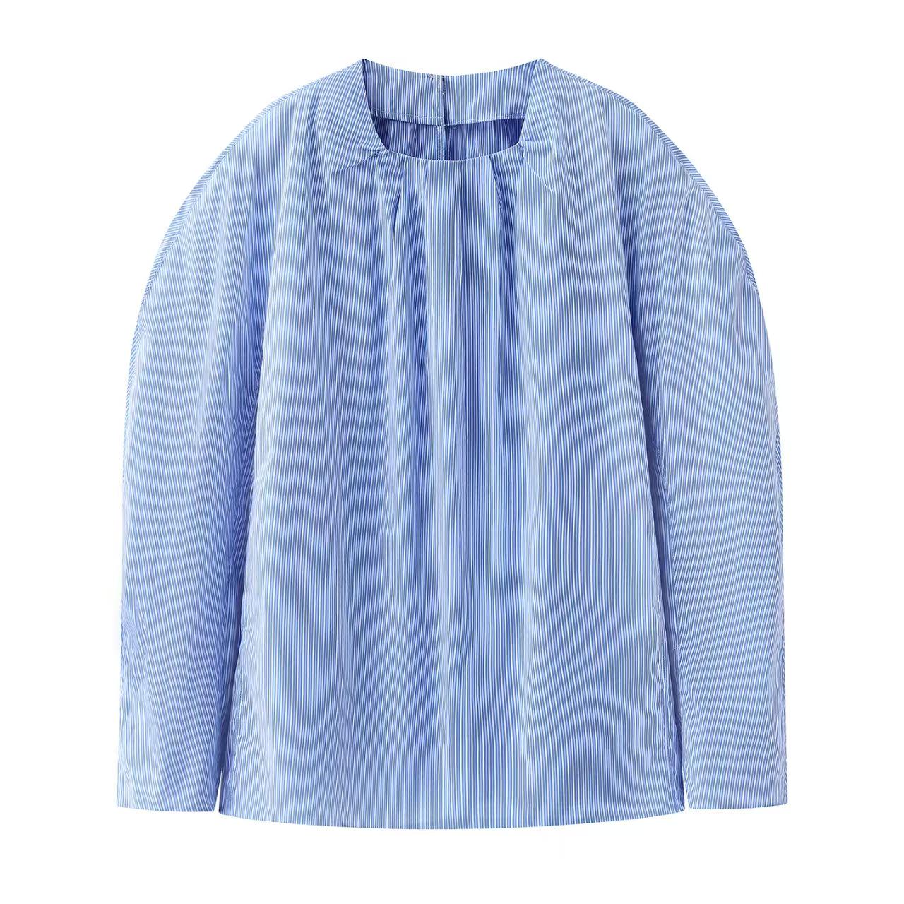 In Stock: 2026 Spring Casual Loose H-Shaped Color Block Striped Round Neck Shirt Medium синий