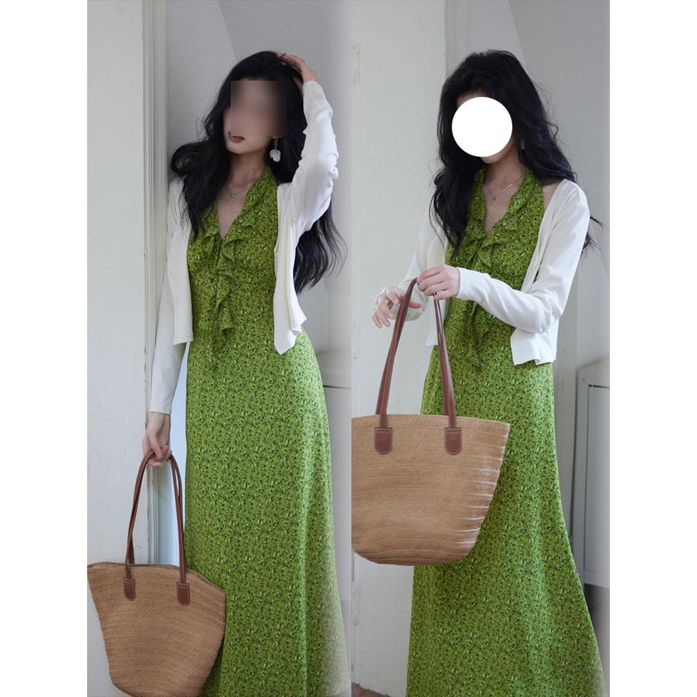 French holiday style wear green floral neck dress casual women's beautiful skirt women's summer