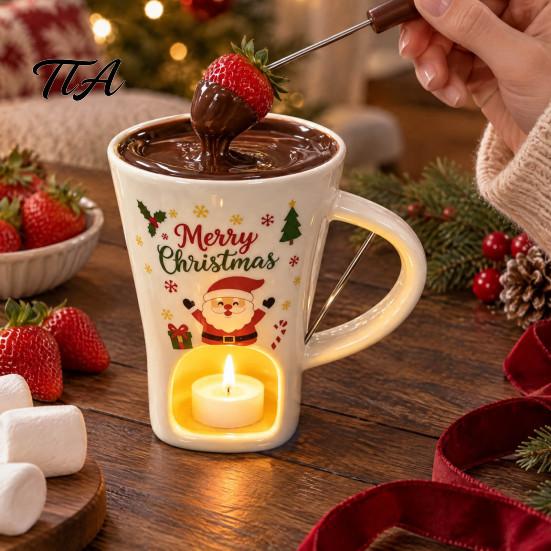 Holiday Themed Snack Server Christmas Chocolate Fondue Mug with Tea Light Warmer & Forks, 155ml Ceramic Melting Tabletop Pot for Cheese Caramel, Party