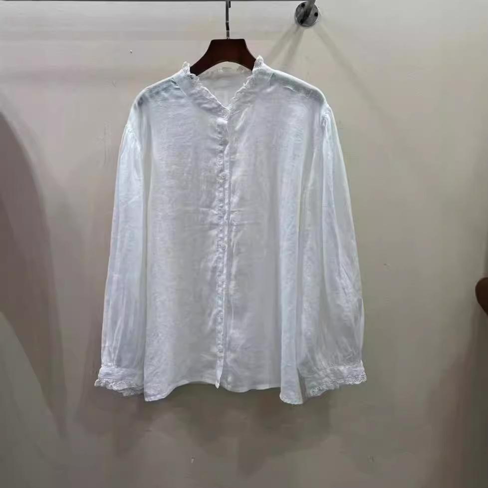 1116 Spring New Women's Round Neck Japanese Linen Top Shirt Loose Shirt Come and Go Sewing Retro Style Long Sleeves