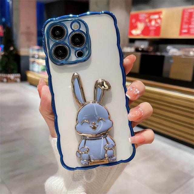 3d Cute Rabbit Stand Holder Phone Case For Iphone 14pro 13 12 11 14 Pro Max 14 Plus 14 Clear Shockproof Curly Wave Plating Cover