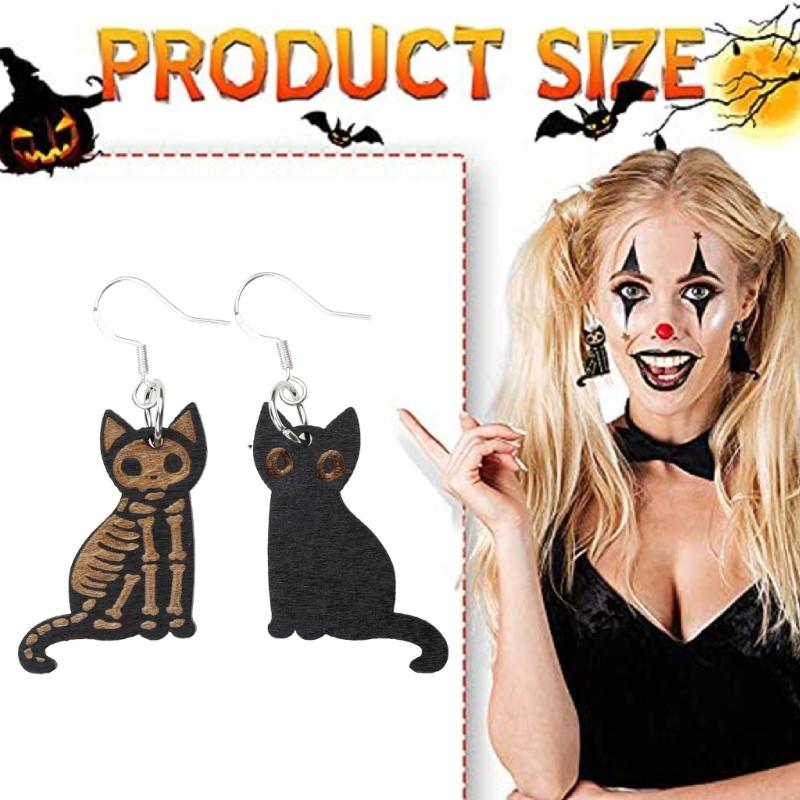 Halloween Cats Earring Wooden Black Cats Dangle Earrings Skeleton for Cats Drop Earring Pendant Jewelry Decoration