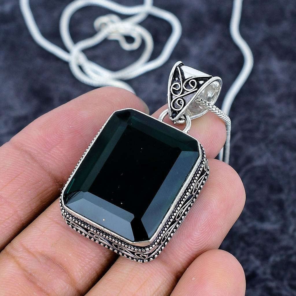 Black Spinel Gemstone Handmade 925 Sterling Silver Jewelry Pendant 1.81" M-3224
