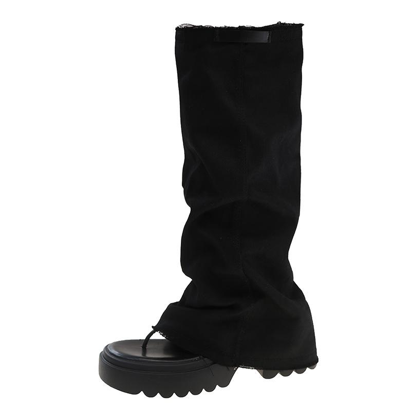 Casual versatile but knee boots European station women's explosive series toe muffin thick-soled denim trousers boots women