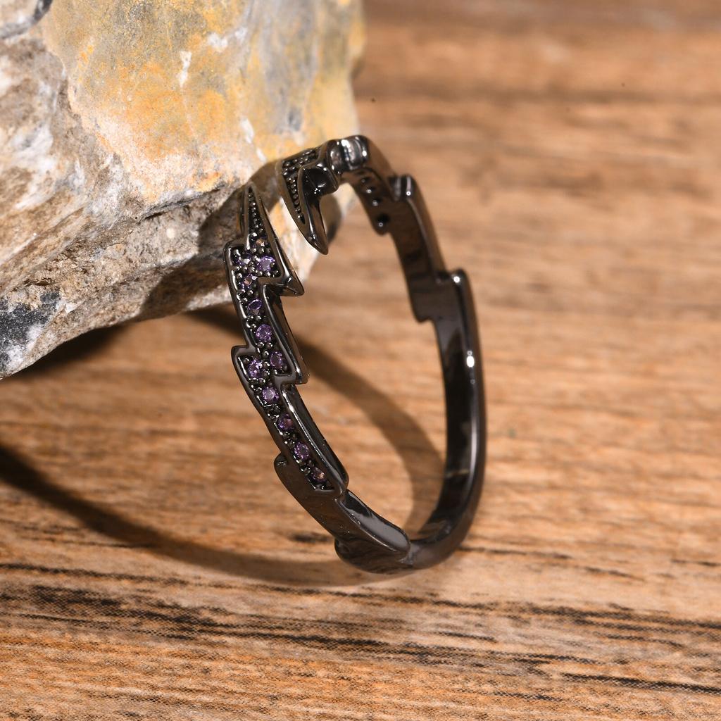 Vnox Gothic Black Lightning Open Ring for Men Women,Stylish Purple Cubic Zircon Stones Finger Band, Adjustable Fashion Jewelry