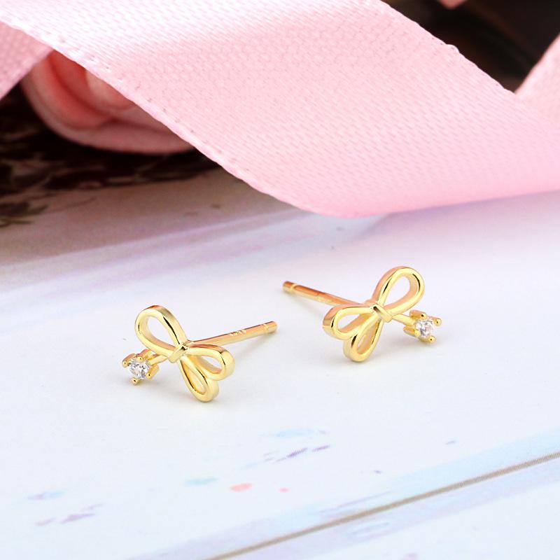 Beixi Silverware s925 Sterling Silver Gold Bowknot Stud Earrings - Simple, Sweet, and Small 925 Sterling Silver