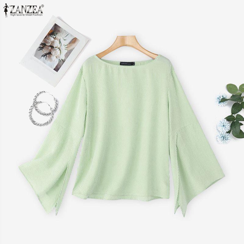 ZANZEA Women Stripe Print Casual Round Neck Long Sleeve Blouse