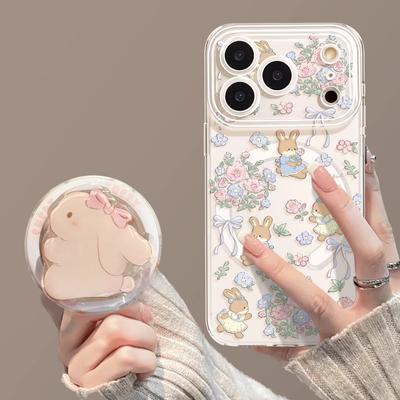 Flower Rabbit Magnetic Attraction Is Suitable for Apple 16pro Transparent 17promax Cute Mobile Phone Case with Bracket.