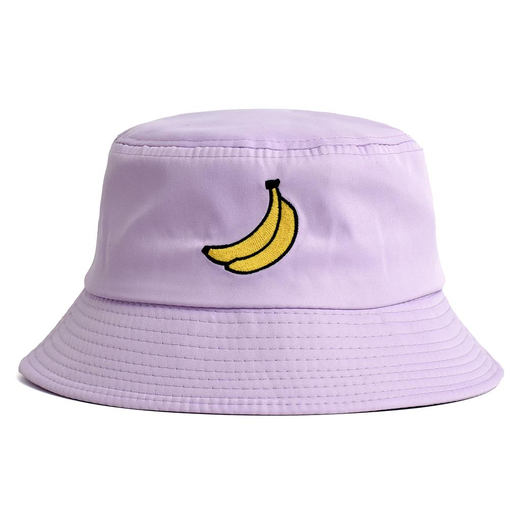 Panama Banana Embroidery Bucket Hat Foldable Unisex Summer Cartoon Cute Fruit Fisherman Hat Soild Color Outdoor Sun Cap