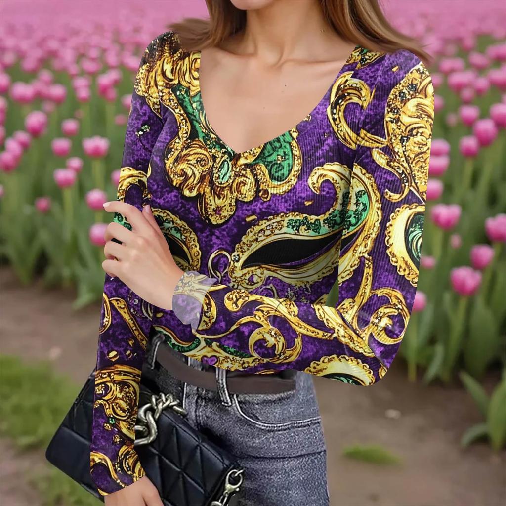 Damen Winter Slim-Fit Baselayer T-Shirt Modischer Druck V-Ausschnitt Pullover Langarm-Oberteil