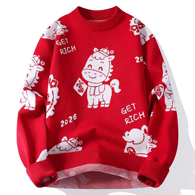 Unisex Festive Red Year of the Horse Round Neck Sweater - Chinese Zodiac Base Layer Knitwear
