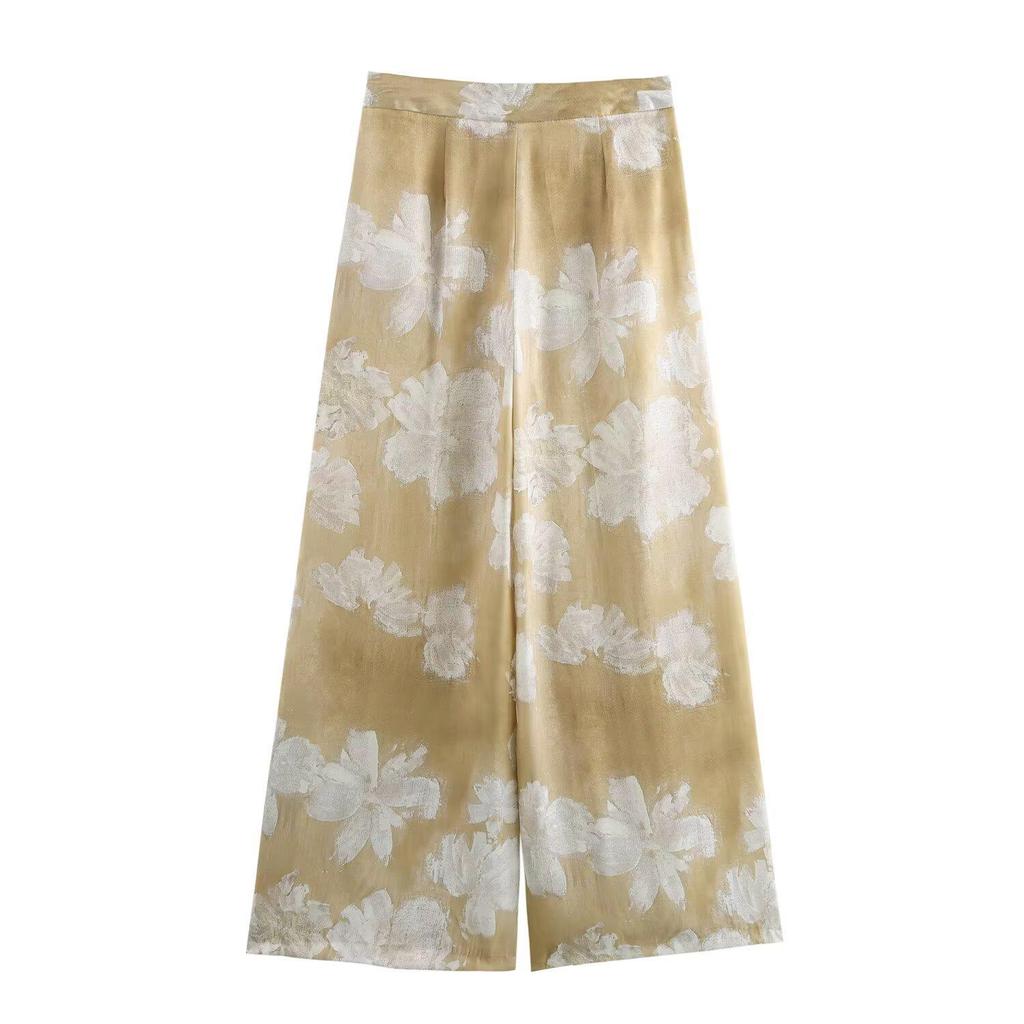 Autumn 2024 Floral Print Satin Shirt and Pants Set for Women - European American Style