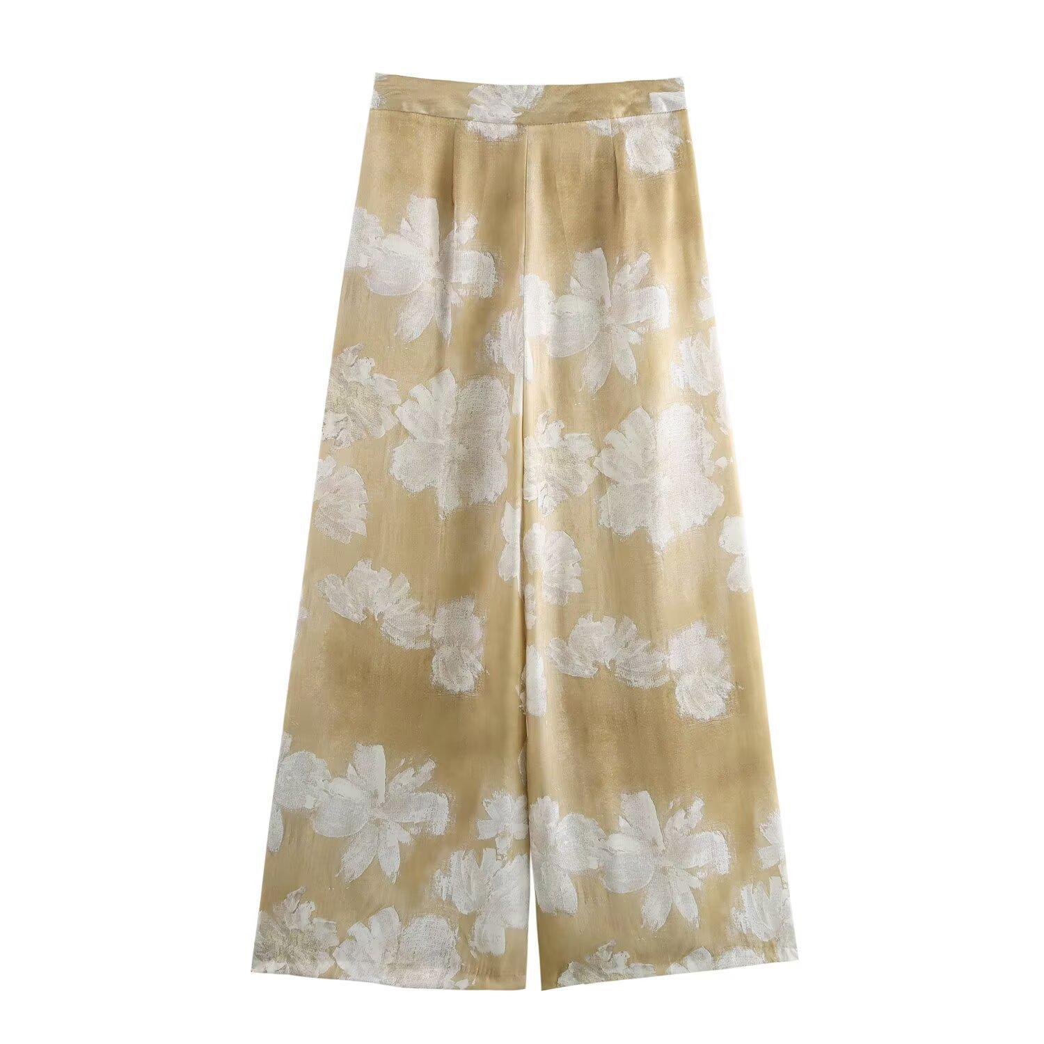 

Autumn 2024 Floral Print Satin Shirt and Pants Set for Women - European American Style L