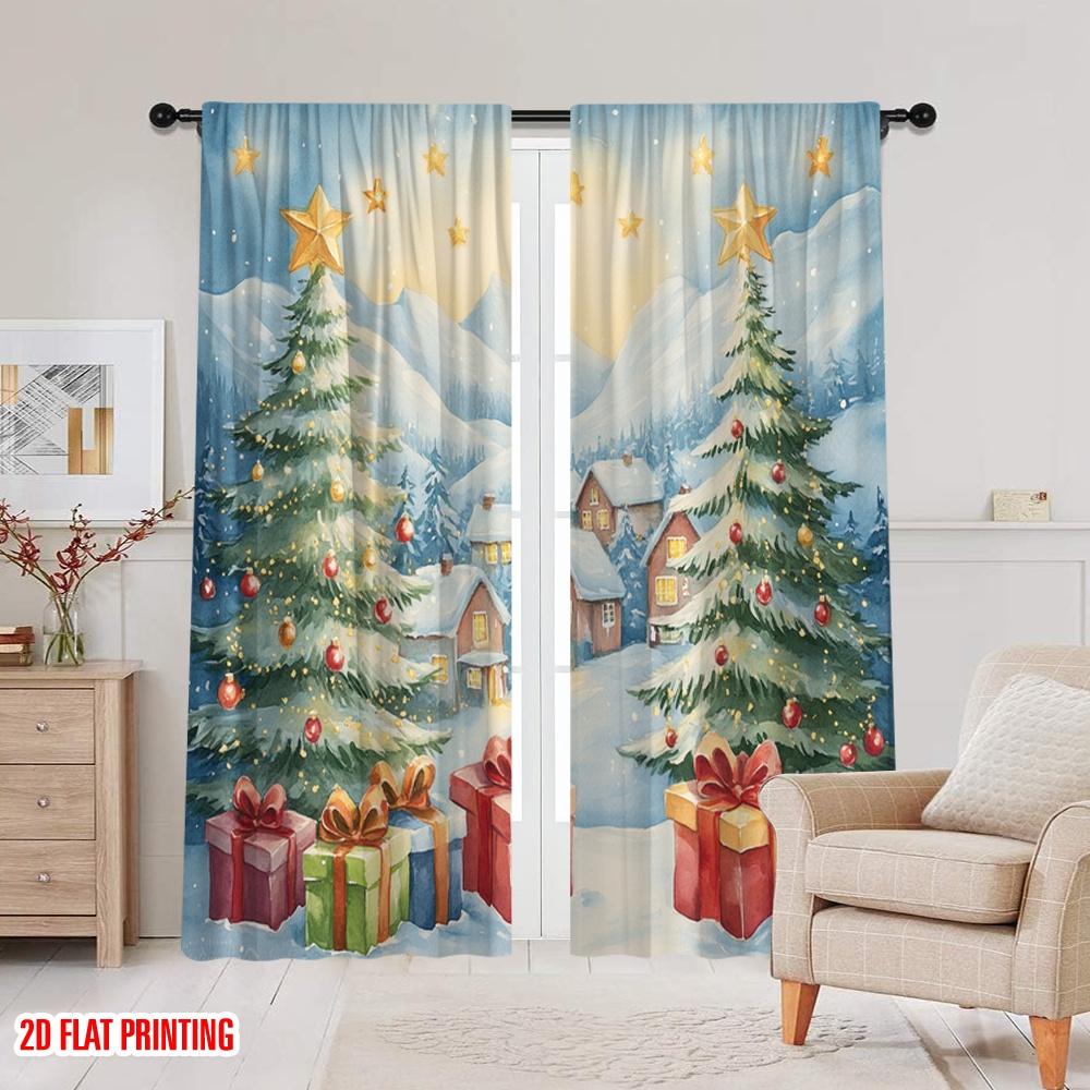 2 Stück, 2D-Flachdruck Vorhang Beliebtes Weihnachtsdorf Schneeszene (3) 100% Polyester (ohne Stange) Heimdeko Ideal für