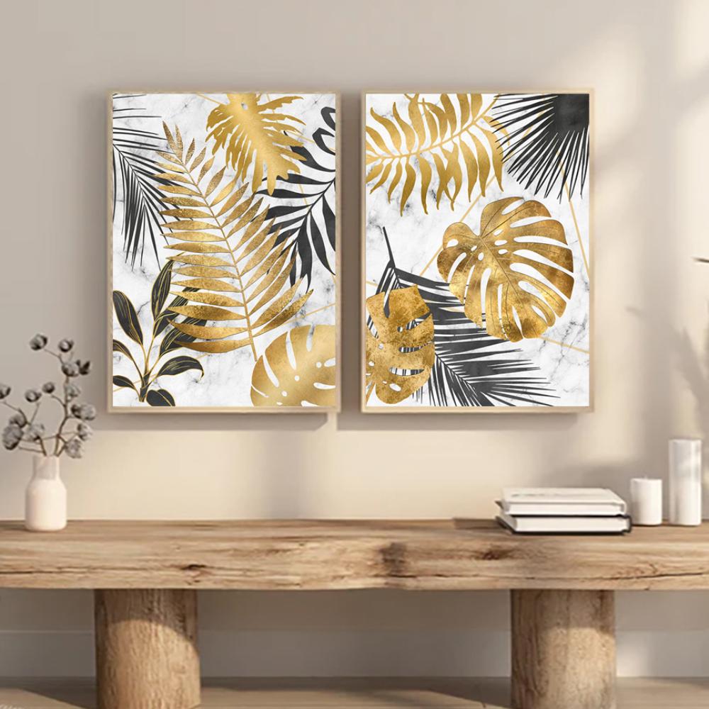 Abstract Modern Golden Leaves Monstera Posters Prints Plants Canvas Paintings Interior Cuadros Home Wall Art Decor Pictures