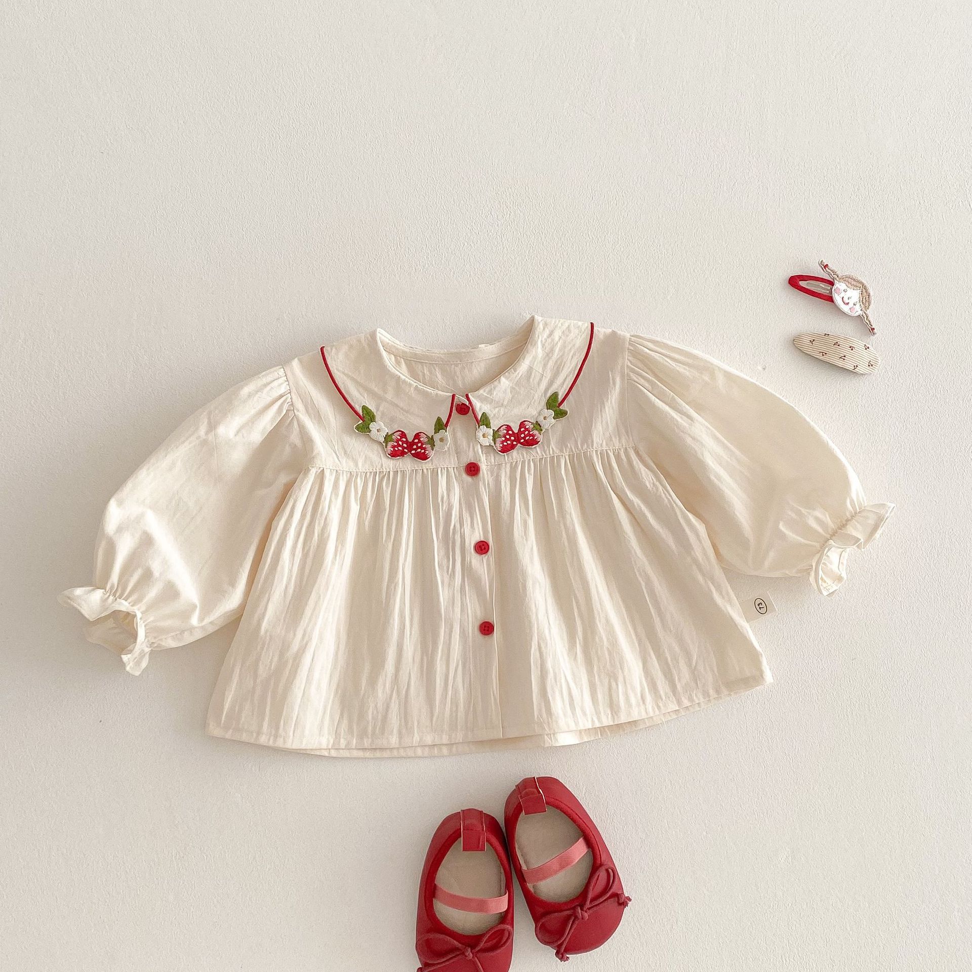 

Girls Spring-Style Collared Shirt: Korean-Style Strawberry Top for Toddlers and Young Children 90