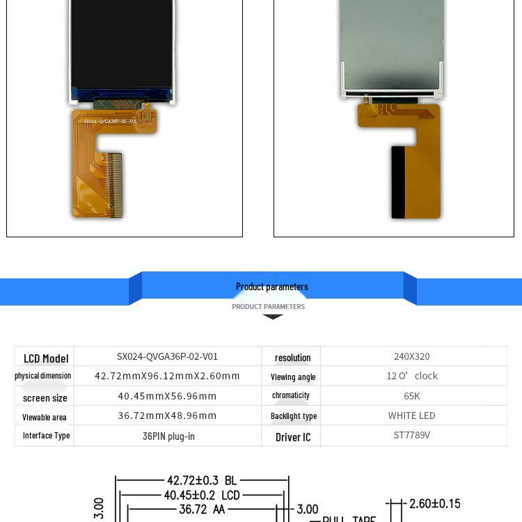 2.4" TFT Color LCD Display with ST7789V Driver IC, 36-Pin Plug-in Connection