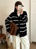 Plus Size Women's V-Neck Color Block Stripe Knit Cardigan - Loose Casual Winter Style