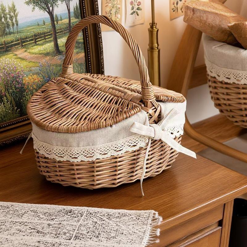 Woven Rattan Picnic Storage Basket Portable Outdoor Food Toy Organizers Basket with Lace Decor Home Travel Picnic Organizer Gift