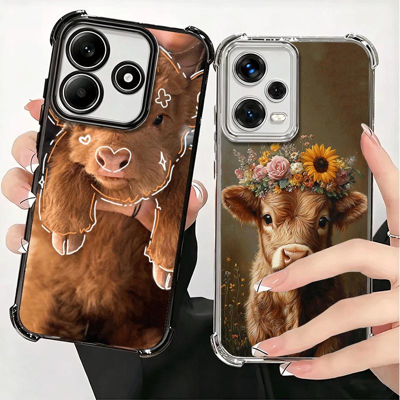 Cute Highland Cow Plating Phone Case For Xiaomi Redmi Note 14 15 Pro Plus 13 12 11 11S 11T 10 9S 9 5G Anti-Fall Airabag Cover