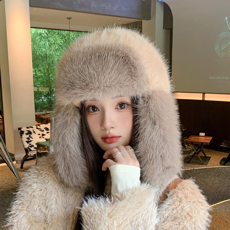 

Женская осенне-зимняя теплая утепленная защитная шапка из холодного меха и бархата для велоспорта, вязаная шапка-бомбер, милые милые шапки Lei Feng One Size хаки