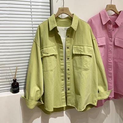 Women's Korean Oversized Green Denim Shirt Jacket - Spring Candy Color, Hong Kong Style