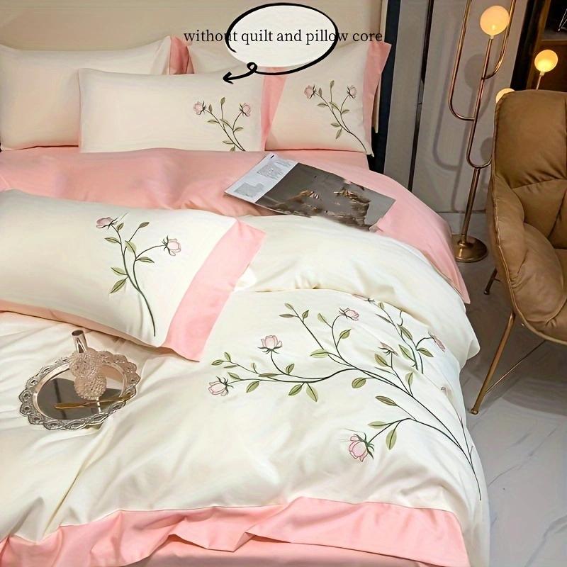 3pcs Elegant Embroidery Duvet Cover Set (1*Duvet Cover + 2*Pillowcase, Without Core), Blue Pink Soft Bedding Set for Summer