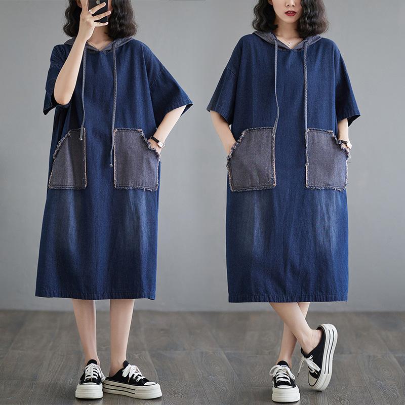 Plus Size Dress Mid Long Loose Casual Fashionable Hooded Short Sleeved Denim Dresses 2025 Women Summer Loose Hole Dress