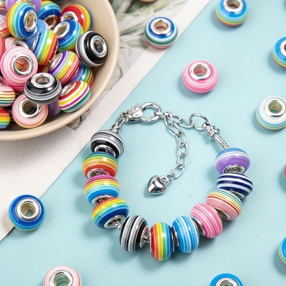 10/20/30/50pcs Resin Rainbow Stripe European Bead Large Hole Colored Resin Craft Bead Spacer Bead DIY Bracelet Snake Chain Jewelry Making