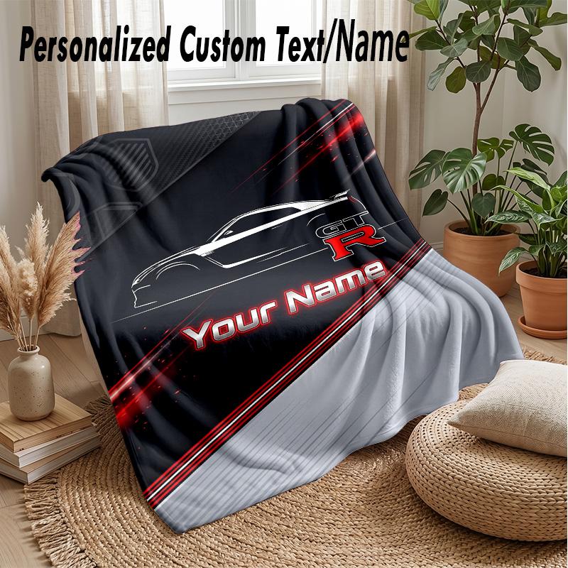 Nissan GT-R Custom Flannel Throw Blanket Print Your Name Text Soft Warm Blanket Holiday Present