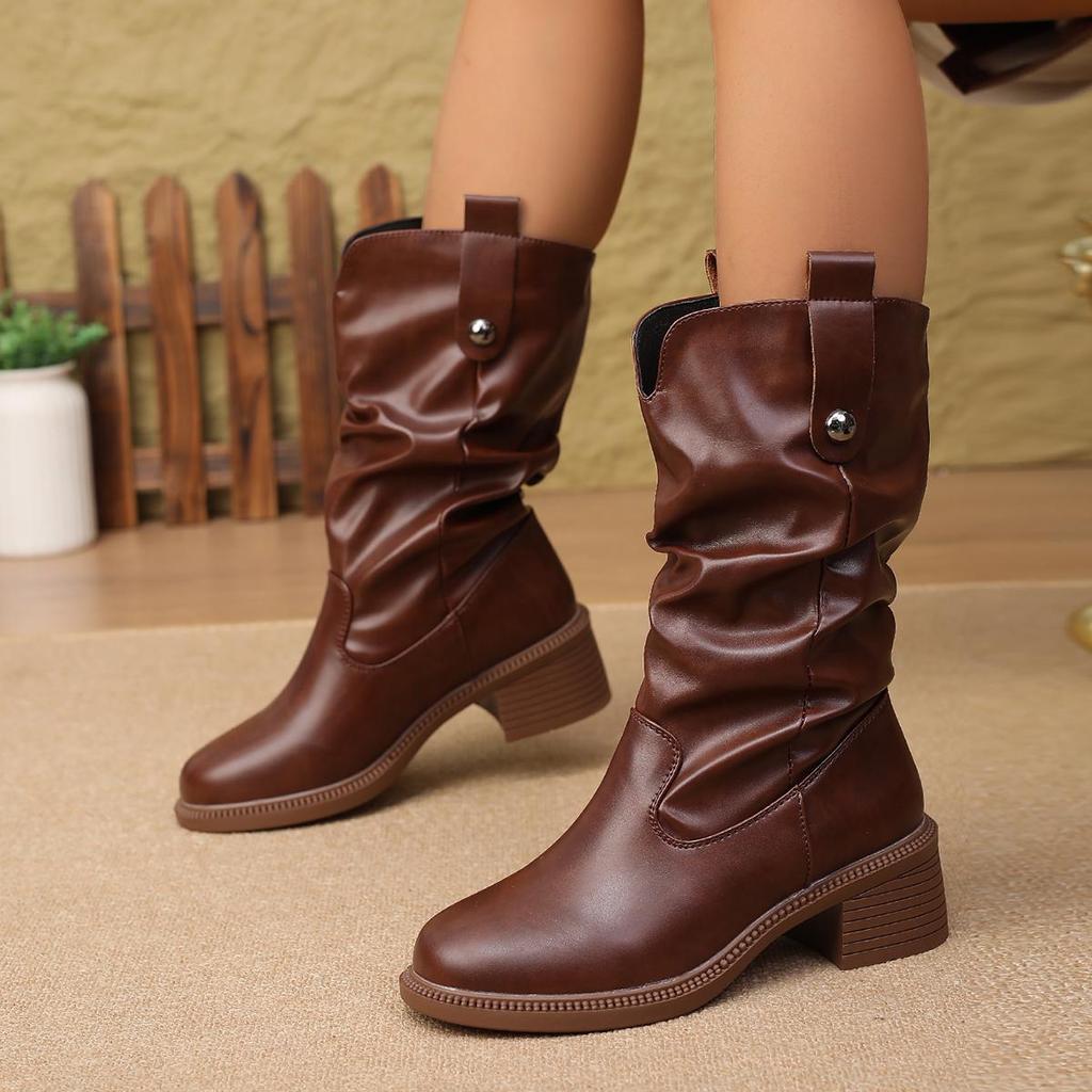 Women's Soft Leather Mid-Calf Chunky Heel Chelsea Boots for Spring and Autumn