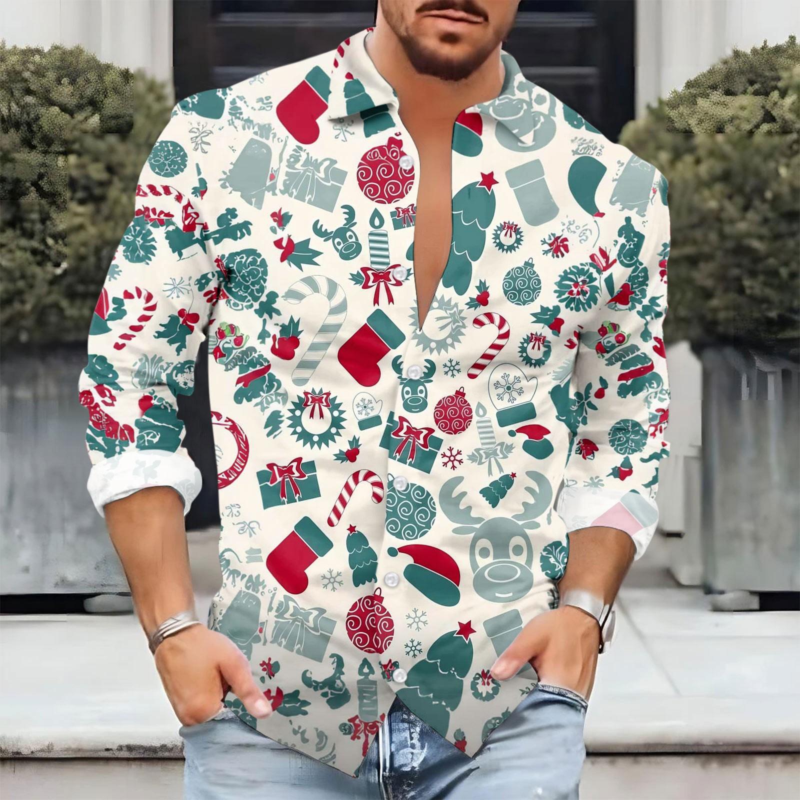 

Мужская рождественская повседневная свободная рубашка с длинными рукавами и принтом L белый