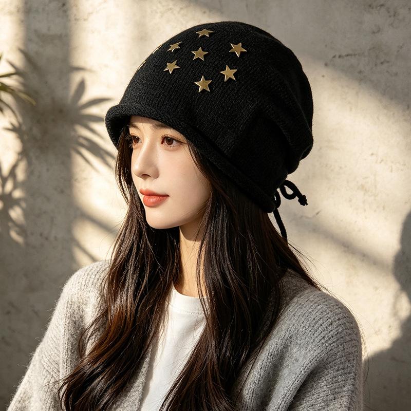 ins retro star knitted headgear women's thin lazy loose cold hat versatile casual pile hat
