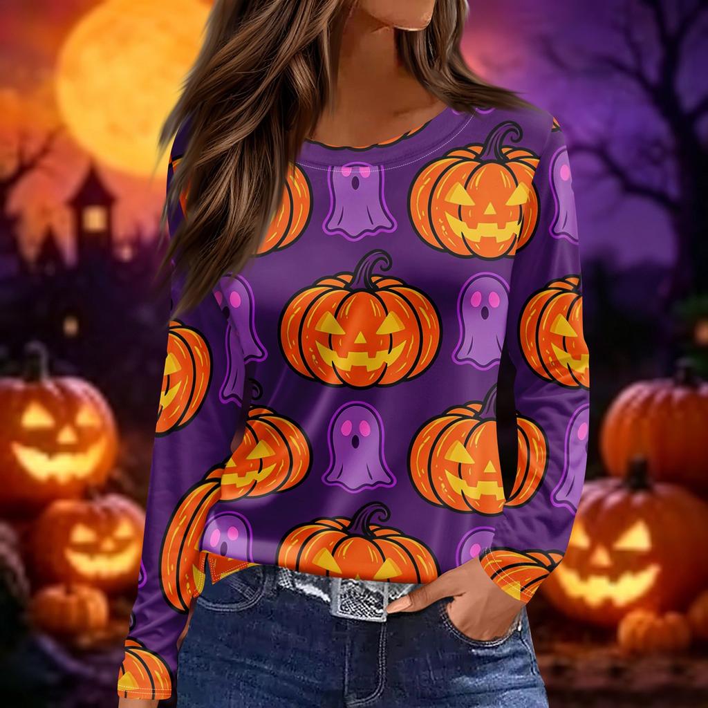 Women Fashion Long Sleeve Crew Neck Top Halloween Print Split Hem Casual Blouse Lightweight Comfortable Fit