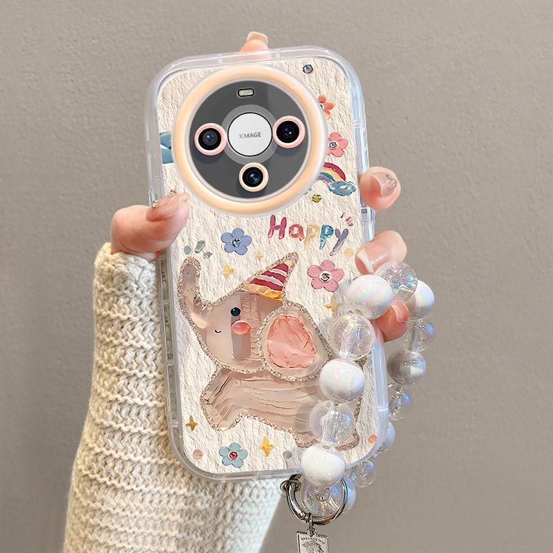 

For Huawei s New Mate70 Mobile Phone Case with Hanging Chain, All-inclusive Anti-fall Mate60pro Cute Oil Painting Elephant For huawei Mate30