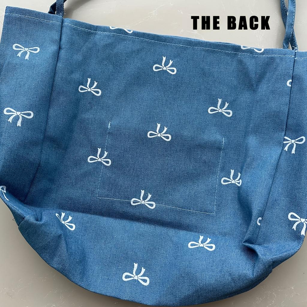 Stylish Blue Denim Bow Tote Bag – Versatile Shoulder Bag with White Stitched Bows, Perfect for Commuting, Travel, and Shopping, Hand Wash Only