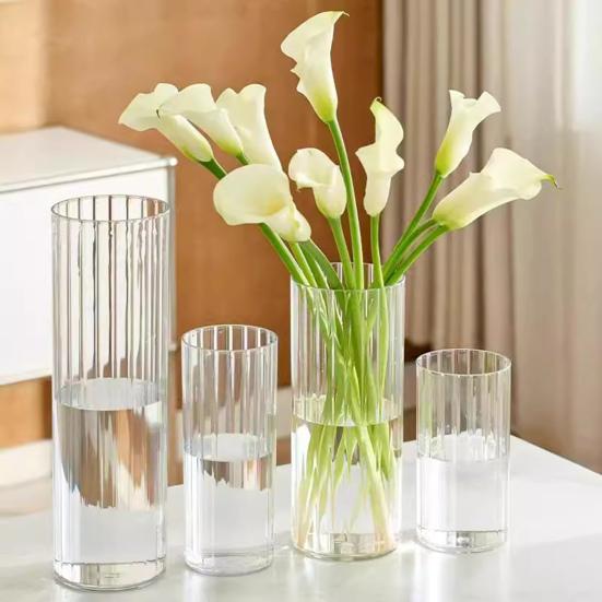 Acrylic Clear Cylinder Flower Vase for Plants Bouquet Non Breakable Tall Ribbed Vase for Centerpiece Wedding Home Decor