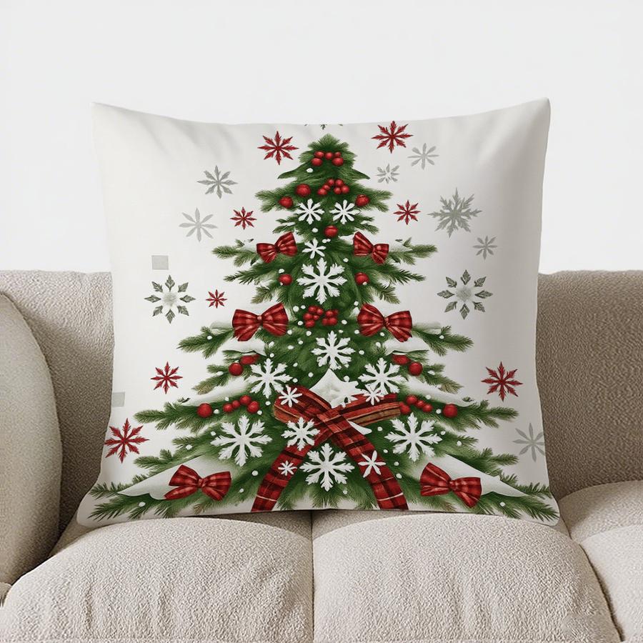 Home Decor Christmas Tree With Snowflakes And Bows Pillow Pattern Cushion Cover Suitable For Sofa Bedroom Car Pillow Cover