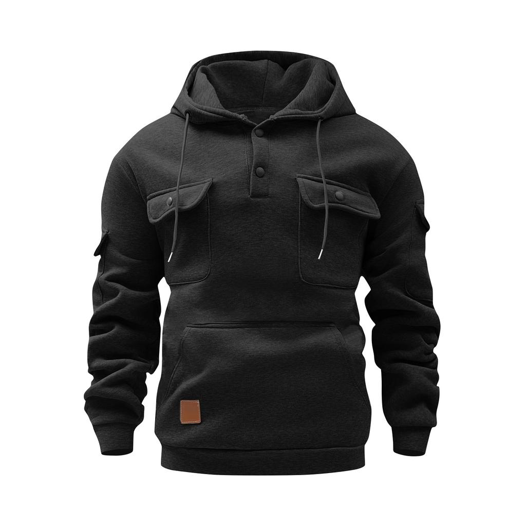 Men's Winter Solid Color Button-Down Collar Multi-Pocket Hoodie Men's Sports Plus Size Casual Sweatshirt