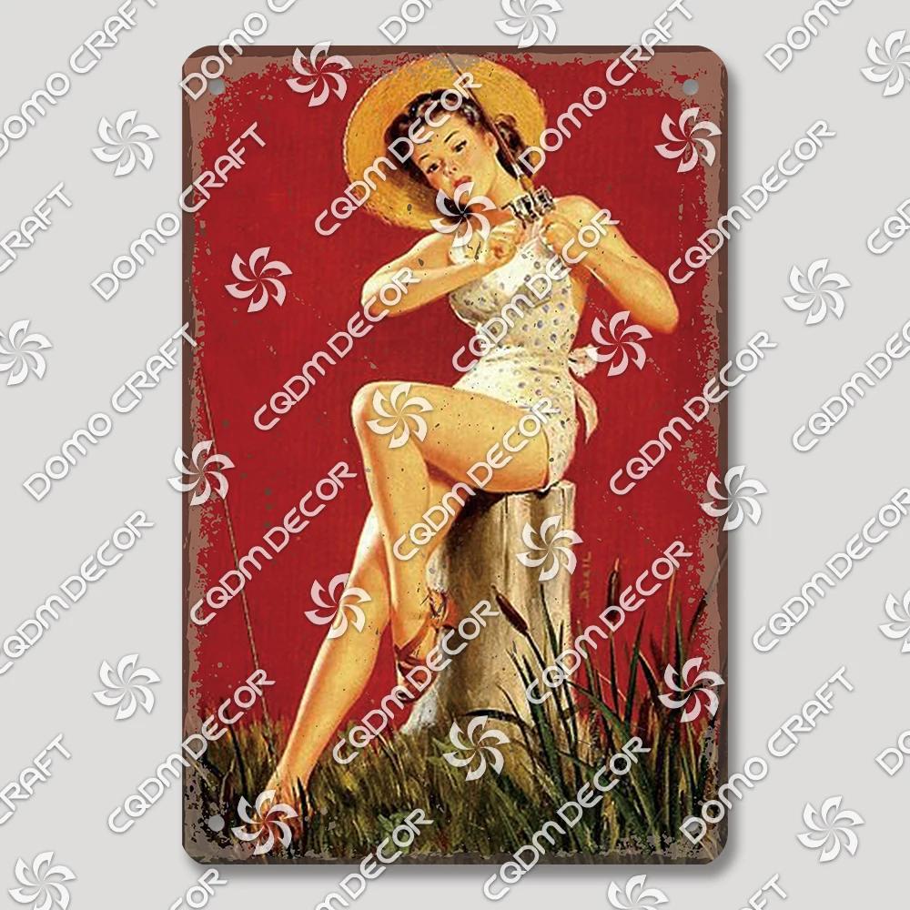 Vintage Znak Metalowy Blaszany Dziewczyny Wędkujące Retro Kobieta z Psami Dekoracja Ścienna dla Klubu Wędkarskiego Dom Wiejski