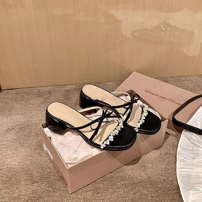 The same crystal butterfly~ rhinestone word with thick heel slippers women's sandals dinner wear women's summer
