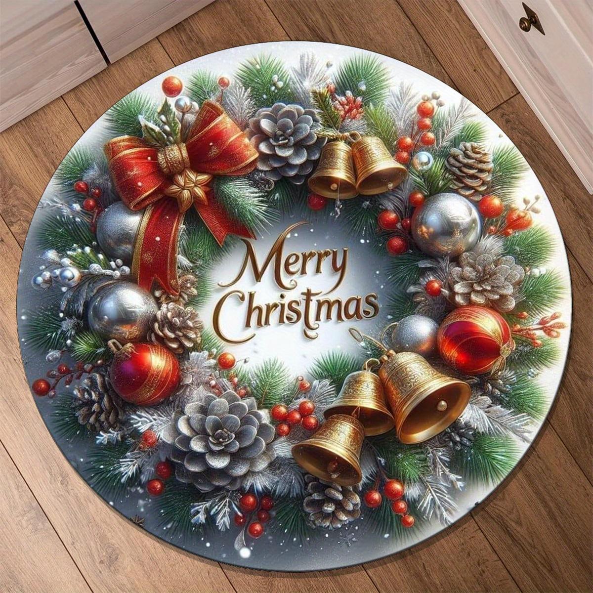 

Christmas Wreath Round Rug with Pine Cones Bells, Soft Cozy Mat for Living Room Bedroom Decor, Merry Christmas Home Accent Diameter 60cm