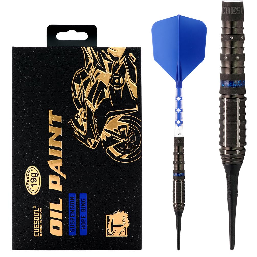 

CUESOUL Suspension 19g Soft Tip 90% Tungsten Dart Set with Oil Paint Finish and ROST T19 Shafts and Integrated Flights (CSOP-90R19K13)