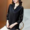 Women's Spring and Summer V-neck Embroidery Loose Satin T-shirt Seven-quarter Sleeve Beautiful and Elegant Tops