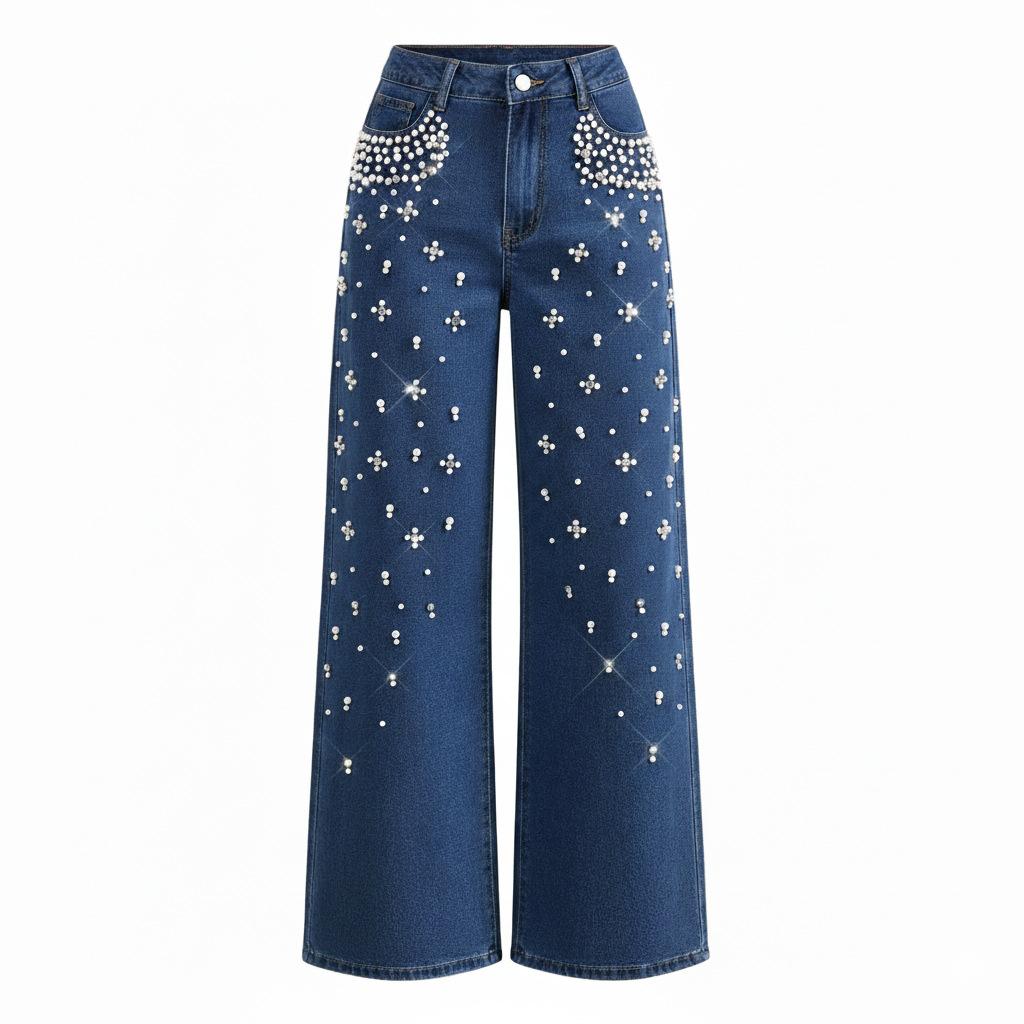 New fashion trend casual loose and thin jeans women's beaded straight trousers