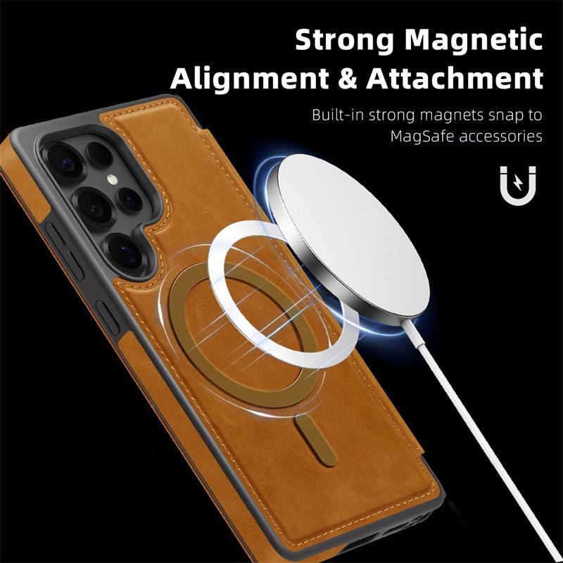 Luxury PU Leather Magnetic Flip Bracket Case For For Samsung Galaxy S22 S23 S24 S25 Ultra Plus For Magsafe Slot Wallet Protect Cover